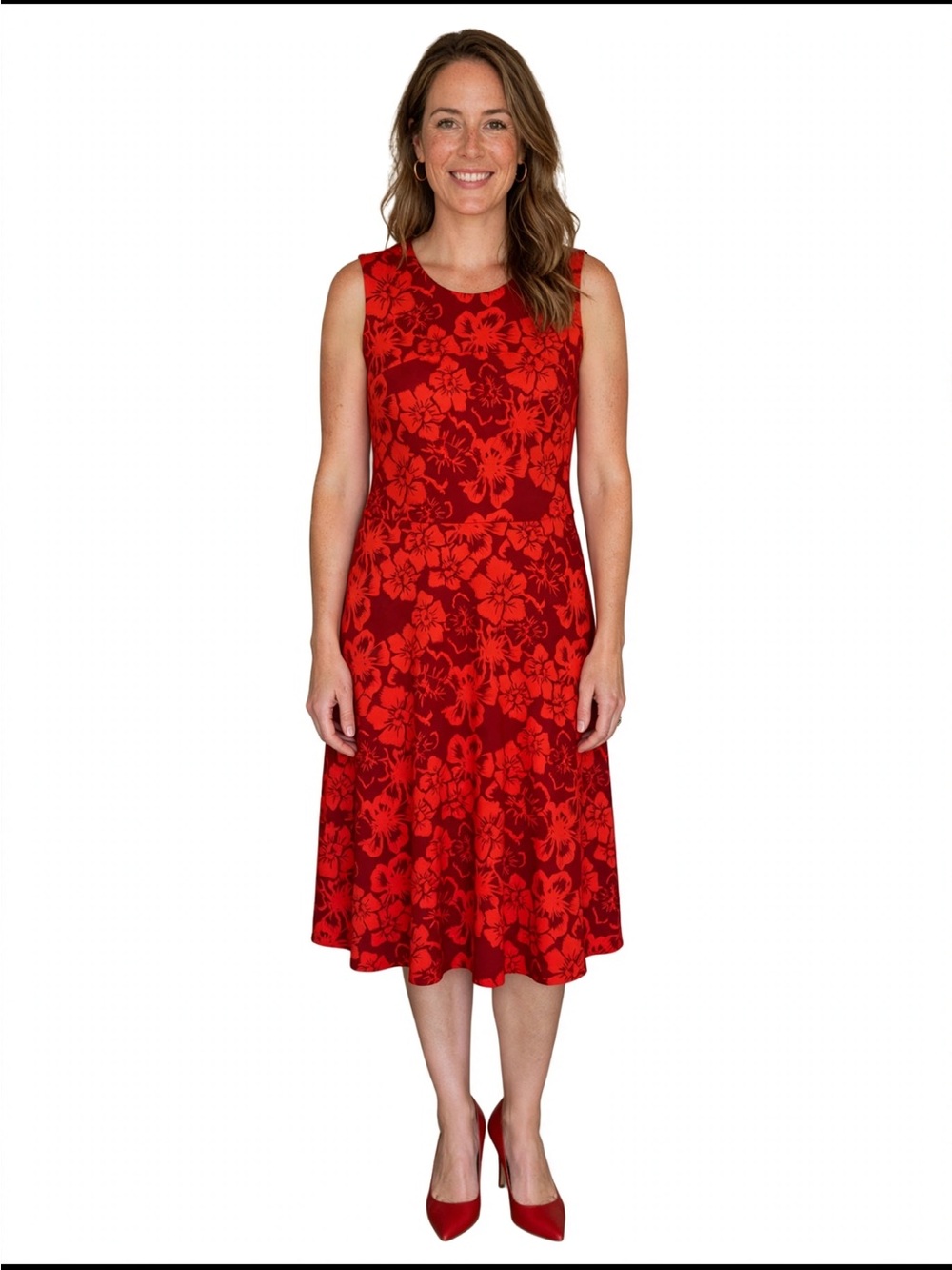 Lands' End Red Floral Sleeveless A-Line Dress